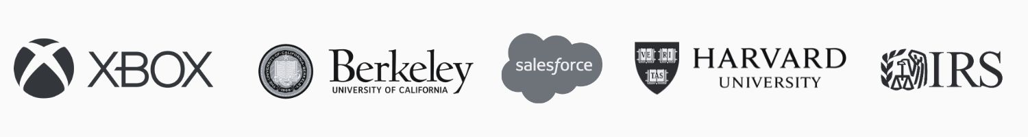 customer logos including xbos, salesforce, irs, and harvard