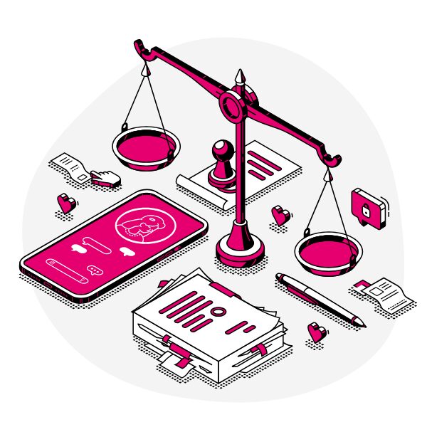 graphic image of various items, including a cell phone, a legal scale, pens, and documents.