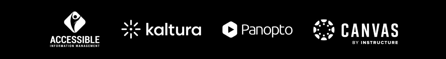 logos of platforms 3Play Media integrates with including Accessibility Information Management (AIM), Kaltura, Panopto, and Canvas by Instructure.