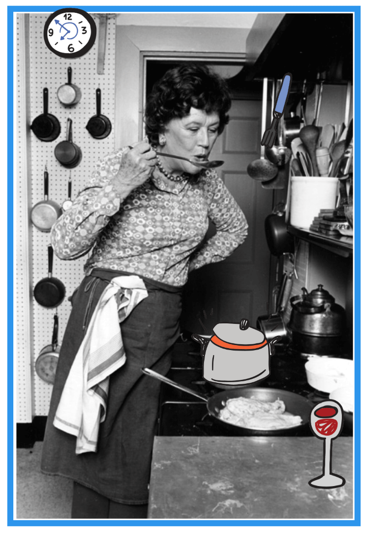 Julia Child cooking in her kitchen