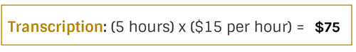 Transcription: (5 hours) x ($15 per hour) = $75